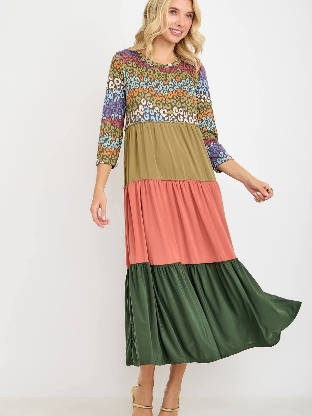 Celeste Colorblock Tiered Maxi Dress in Olive, Coral & Forest Green